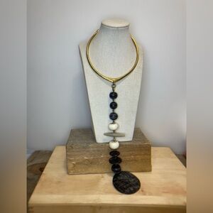 Long African Necklace with Gold Tone Collar - Horn, Wood, and other Materiel